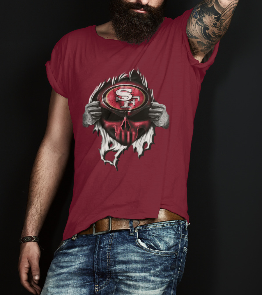 San Francisco 49ers Skull Sf Emblem Red Torn T-Shirt