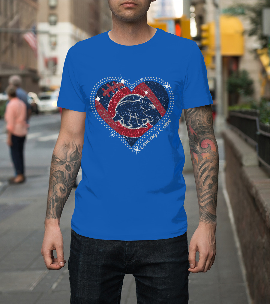Chicago Cubs Heart Sparkle Football Bear T-Shirt