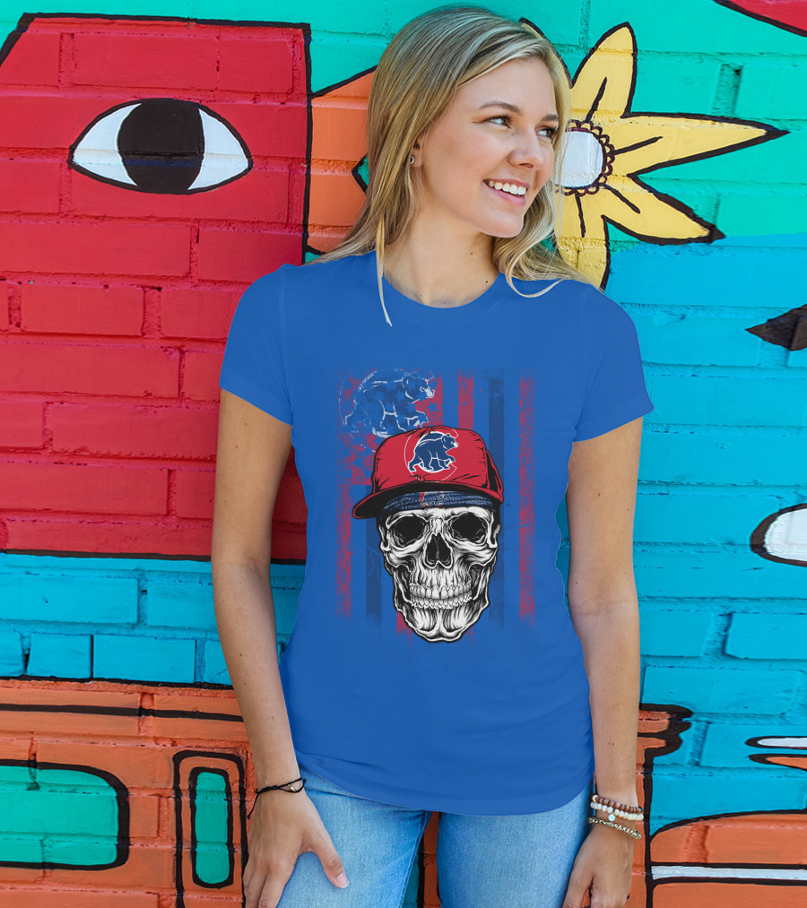 Chicago Cubs Skull With Bear And Cap On Blue T-Shirt