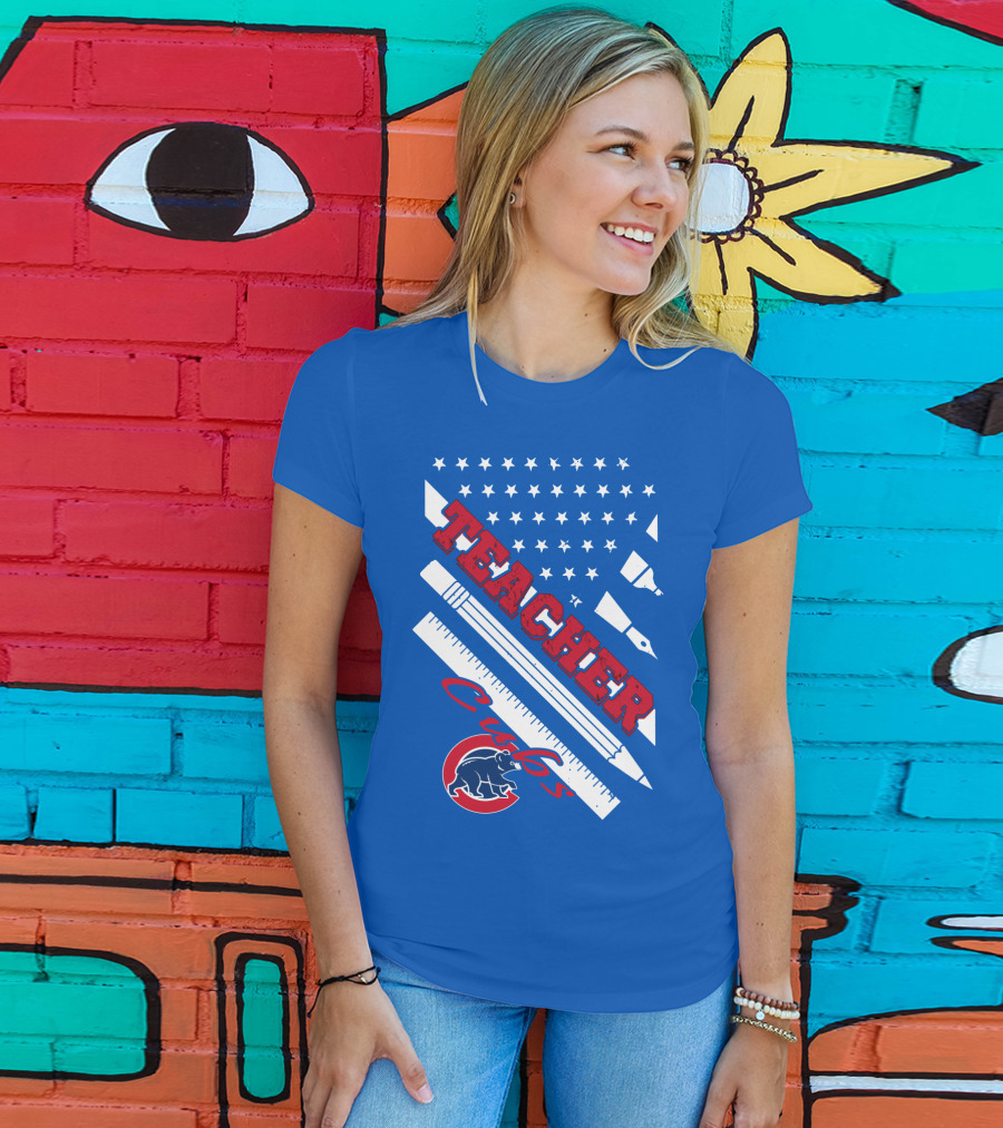 Teacher Cubs American Flag Baseball T-Shirt