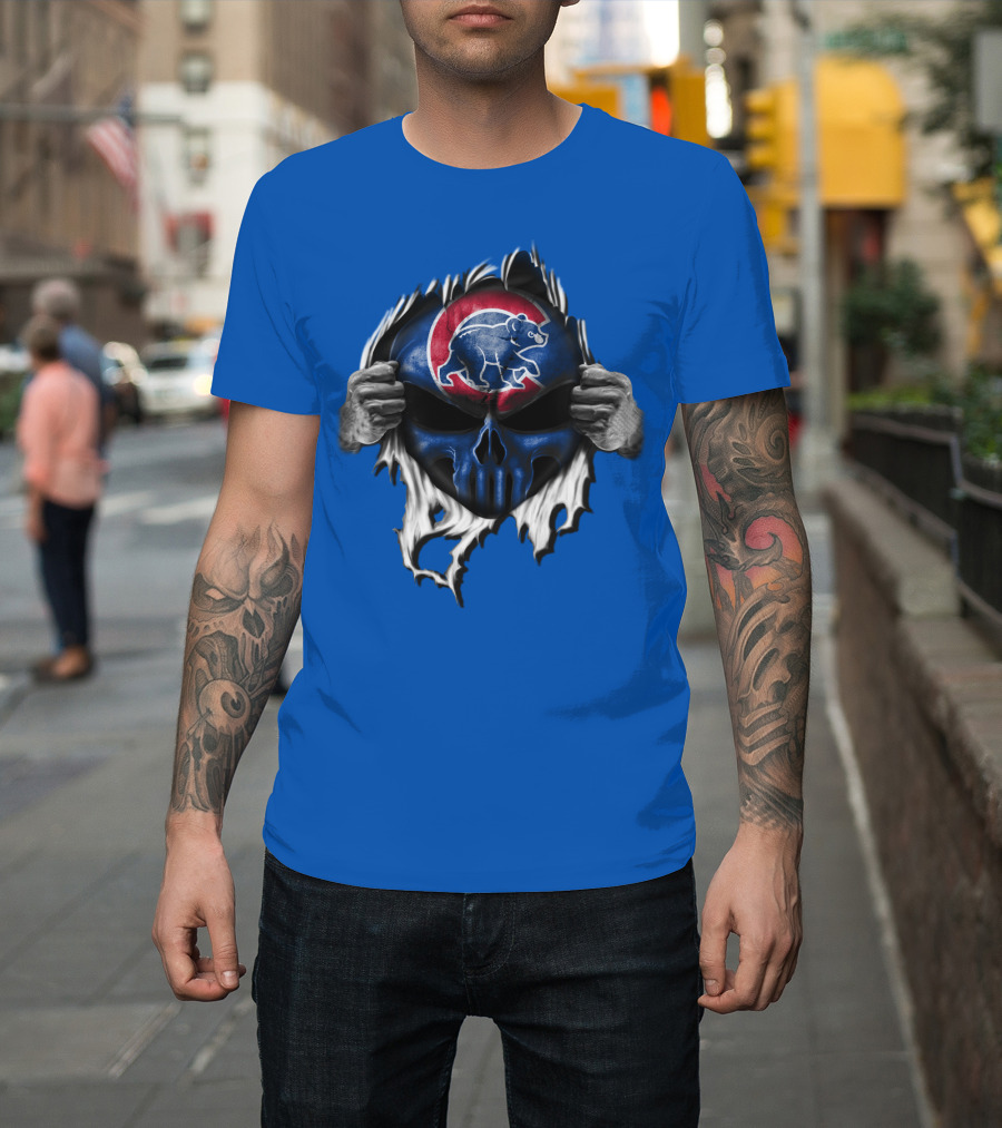 Chicago Cubs Skull Logo With Bear And Red Circle On Blue T-Shirt
