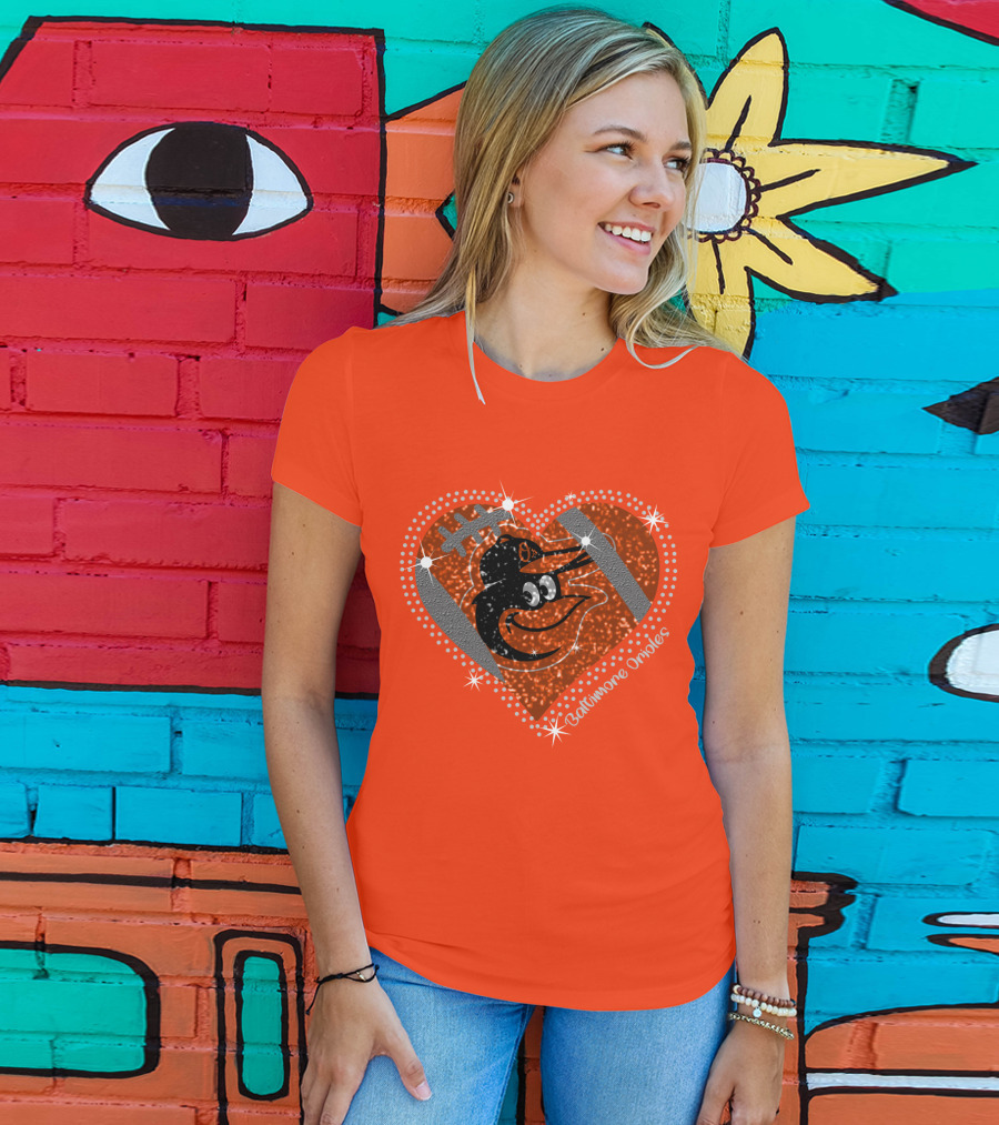 Baltimore Orioles Sparkling Heart And Baseball T-Shirt