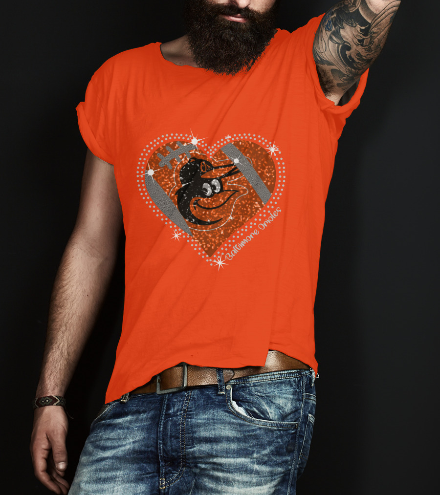 Baltimore Orioles Sparkling Heart And Baseball T-Shirt
