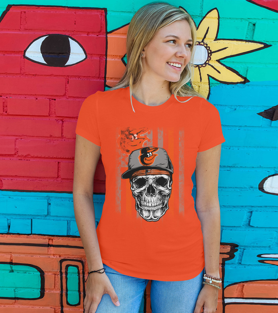 Baltimore Orioles Skull With Cap On Orange T-Shirt