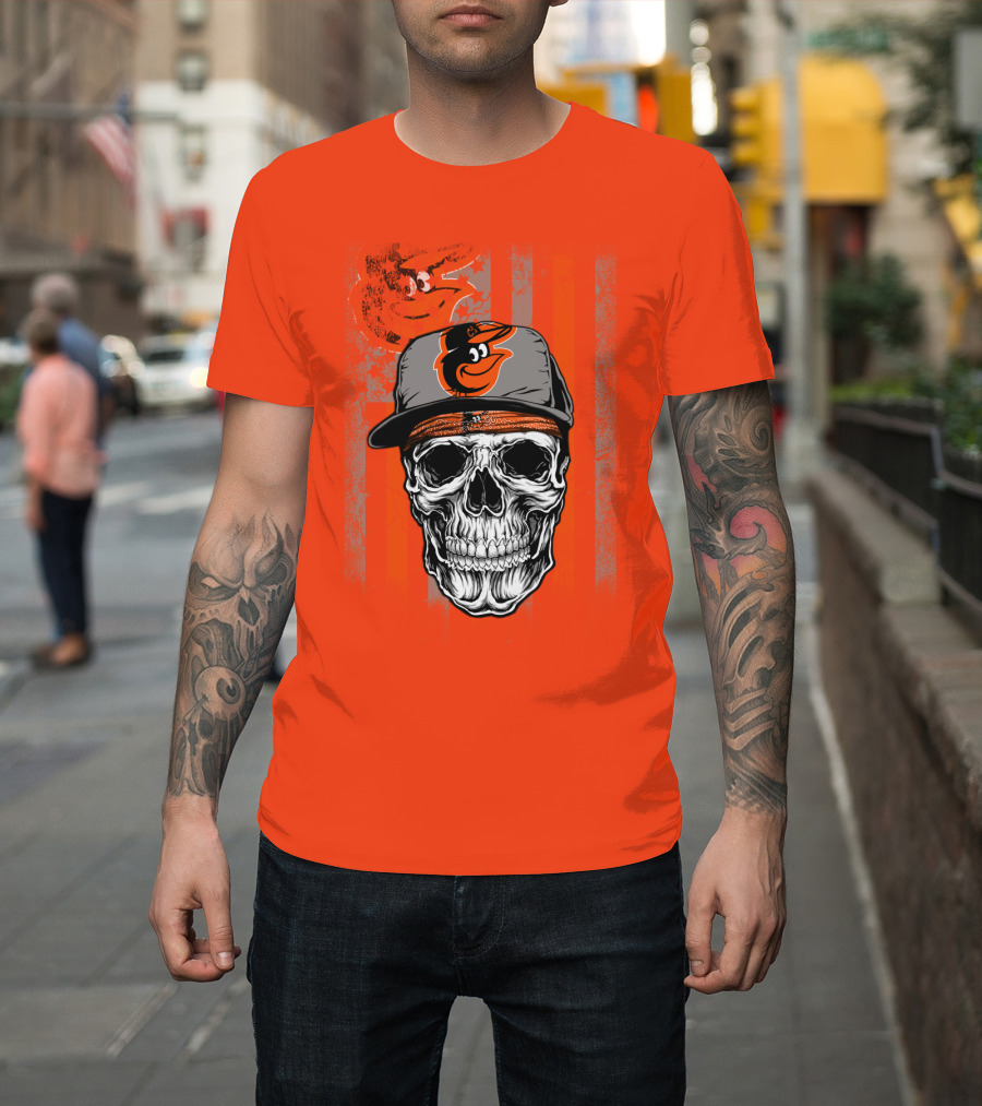 Baltimore Orioles Skull With Cap On Orange T-Shirt
