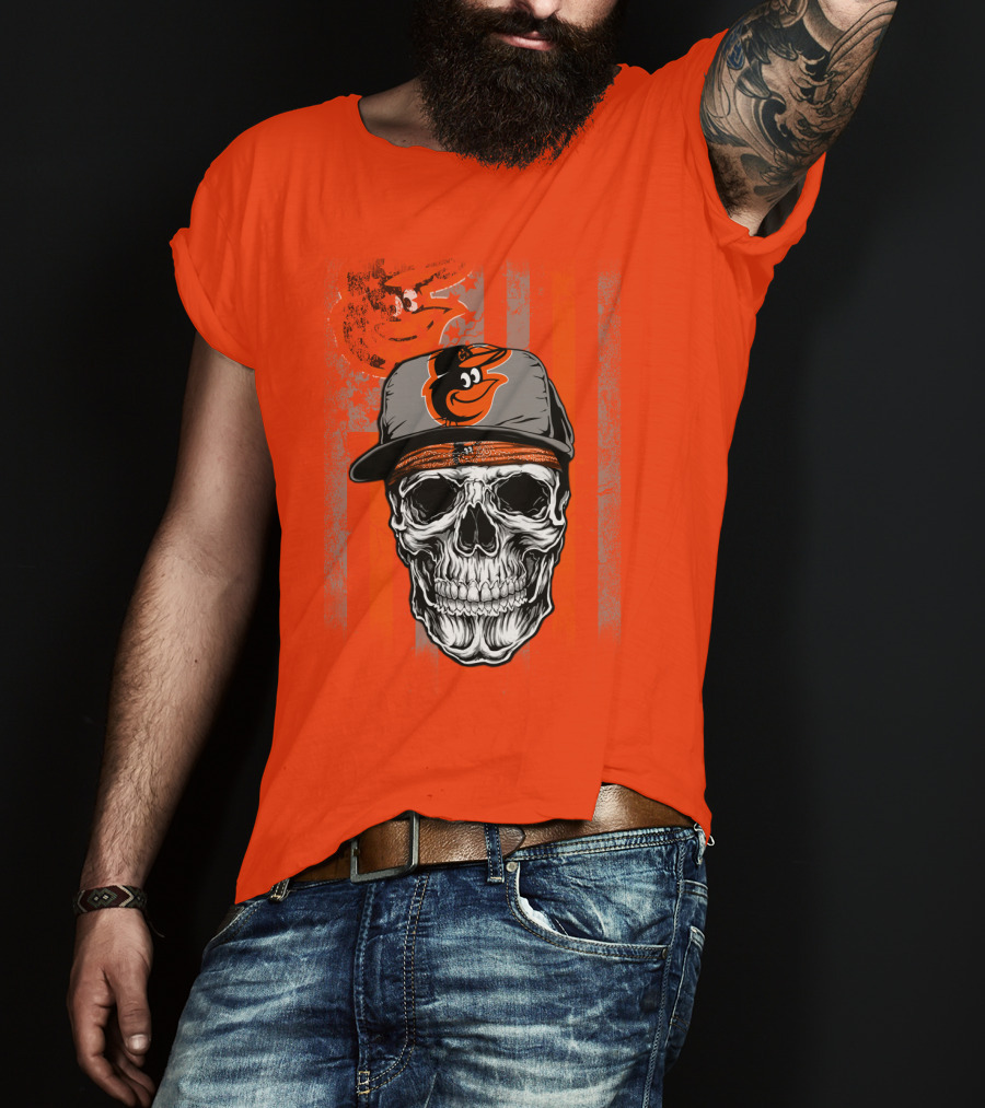 Baltimore Orioles Skull With Cap On Orange T-Shirt