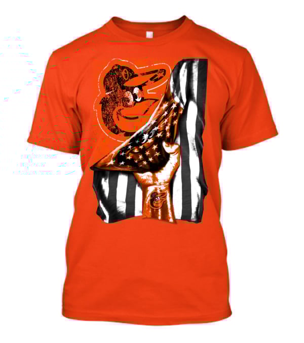 Baltimore Orioles American Flag Fist Logo On Orange T-Shirt