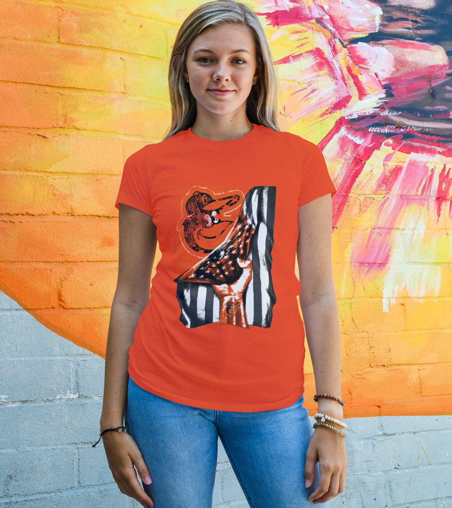 Baltimore Orioles American Flag Fist Logo On Orange T-Shirt