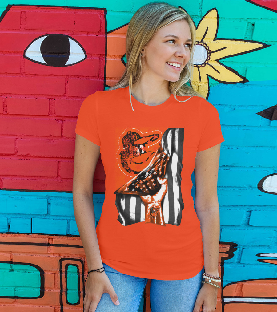 Baltimore Orioles American Flag Fist Logo On Orange T-Shirt