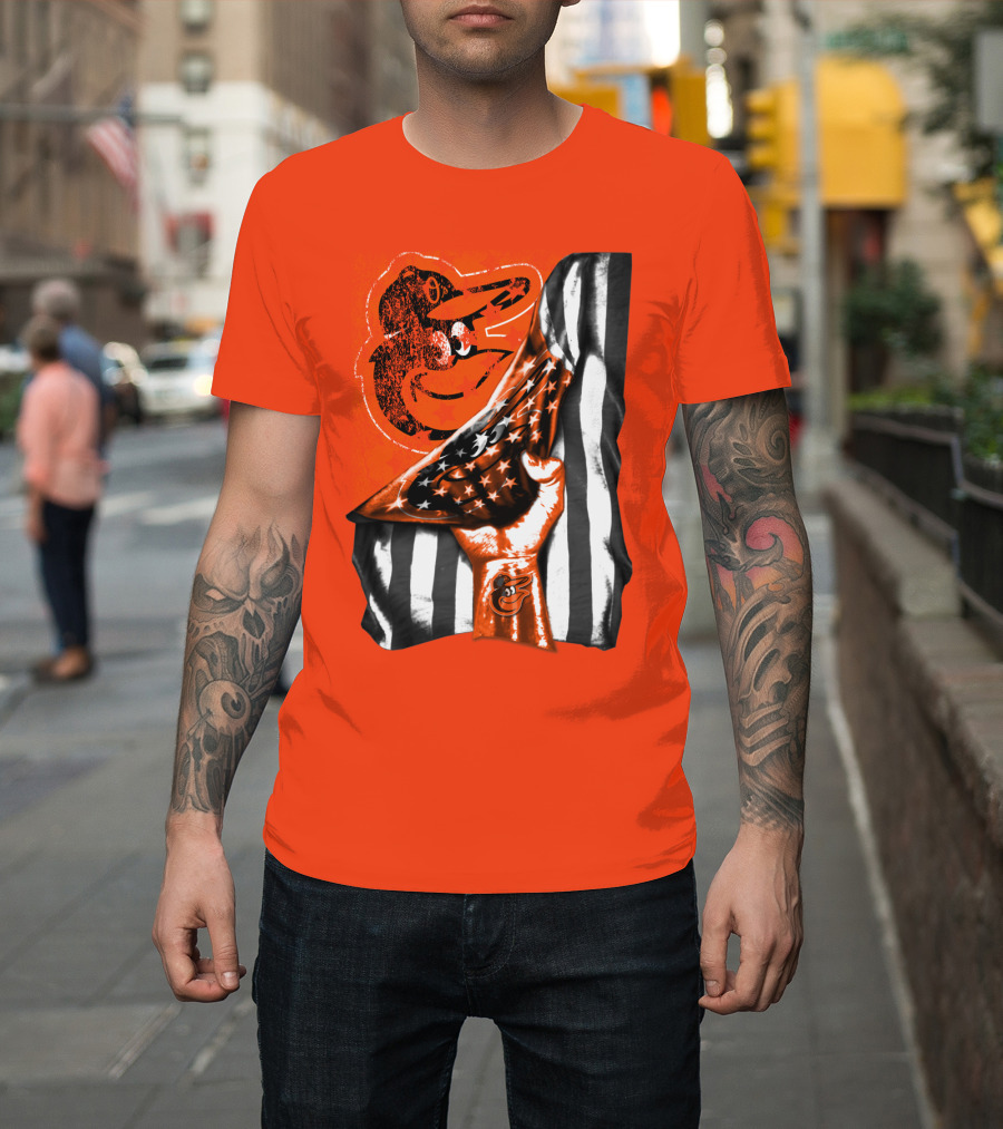 Baltimore Orioles American Flag Fist Logo On Orange T-Shirt