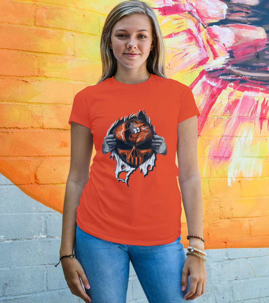 Baltimore Orioles Skull Logo Halloween Rip Effect T-Shirt