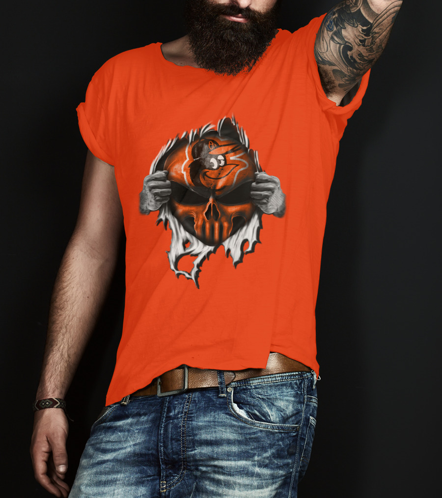 Baltimore Orioles Skull Logo Halloween Rip Effect T-Shirt