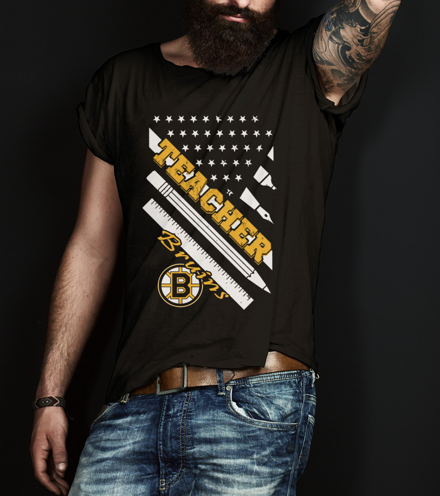 Boston Bruins Teacher American Flag Ruler Pencil Pen Stars T-Shirt