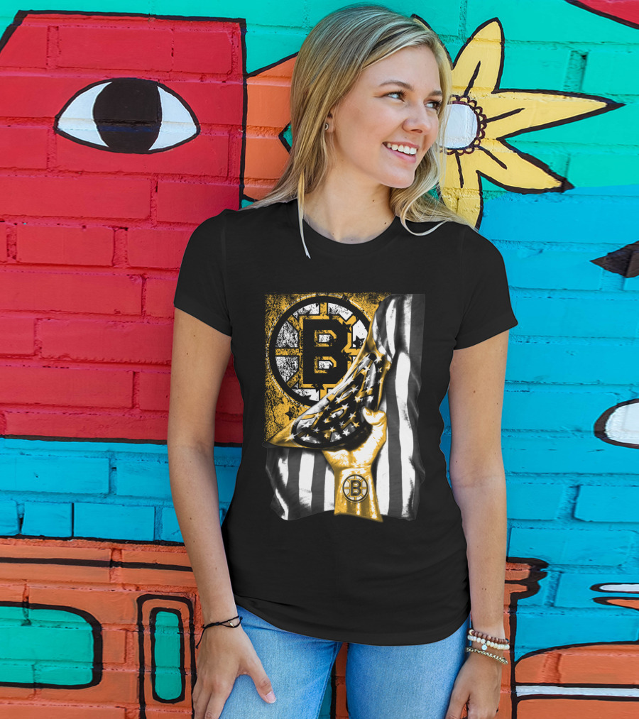 Boston Bruins American Flag Hand Emblem Black And Gold Burst T-Shirt