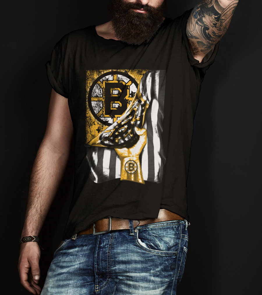 Boston Bruins American Flag Hand Emblem Black And Gold Burst T-Shirt