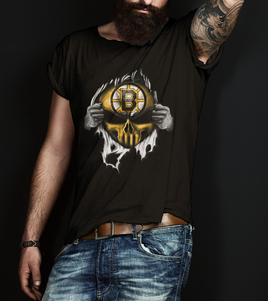 Boston Bruins Skull Logo Ripping Through T-Shirt
