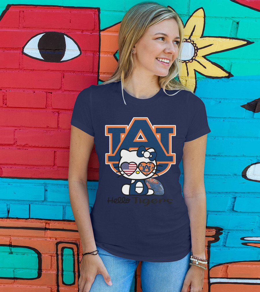 Hello Tigers Auburn Kitty Football American Flag T-Shirt