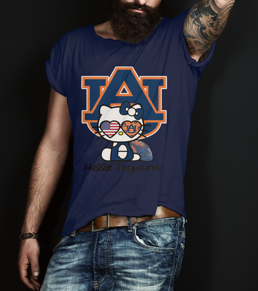 Hello Tigers Auburn Kitty Football American Flag T-Shirt