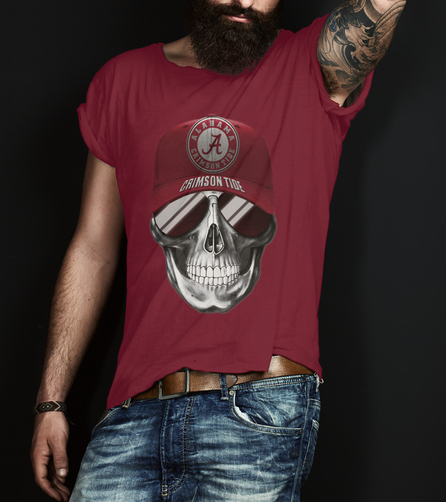 Alabama Crimson Tide Skull With Cap And Sunglasses T-Shirt