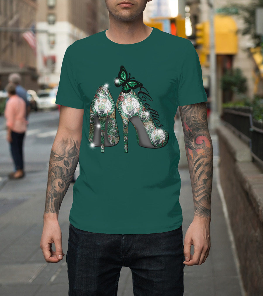 Boston Celtics High Heels With Green Butterfly Sparkle T-Shirt