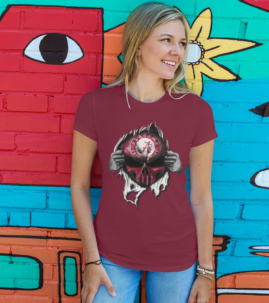 Alabama Crimson Tide Skull Emblem With Red And White Torn Fabric Effect T-Shirt