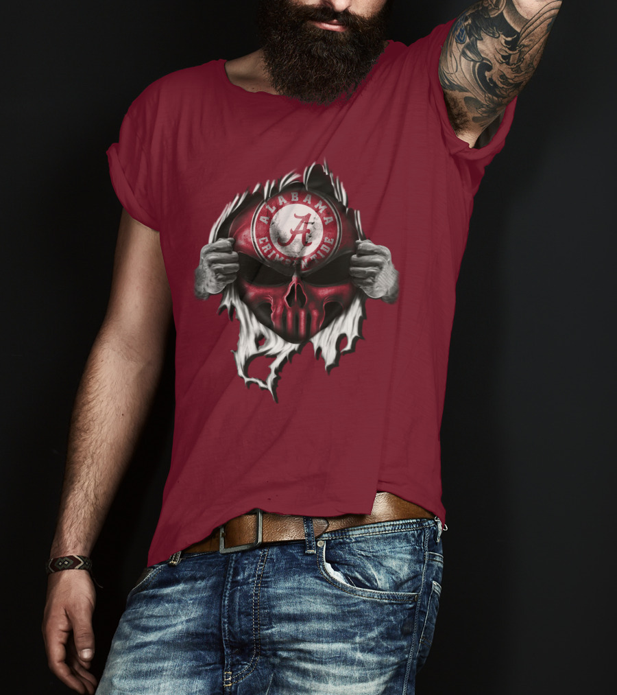 Alabama Crimson Tide Skull Emblem With Red And White Torn Fabric Effect T-Shirt
