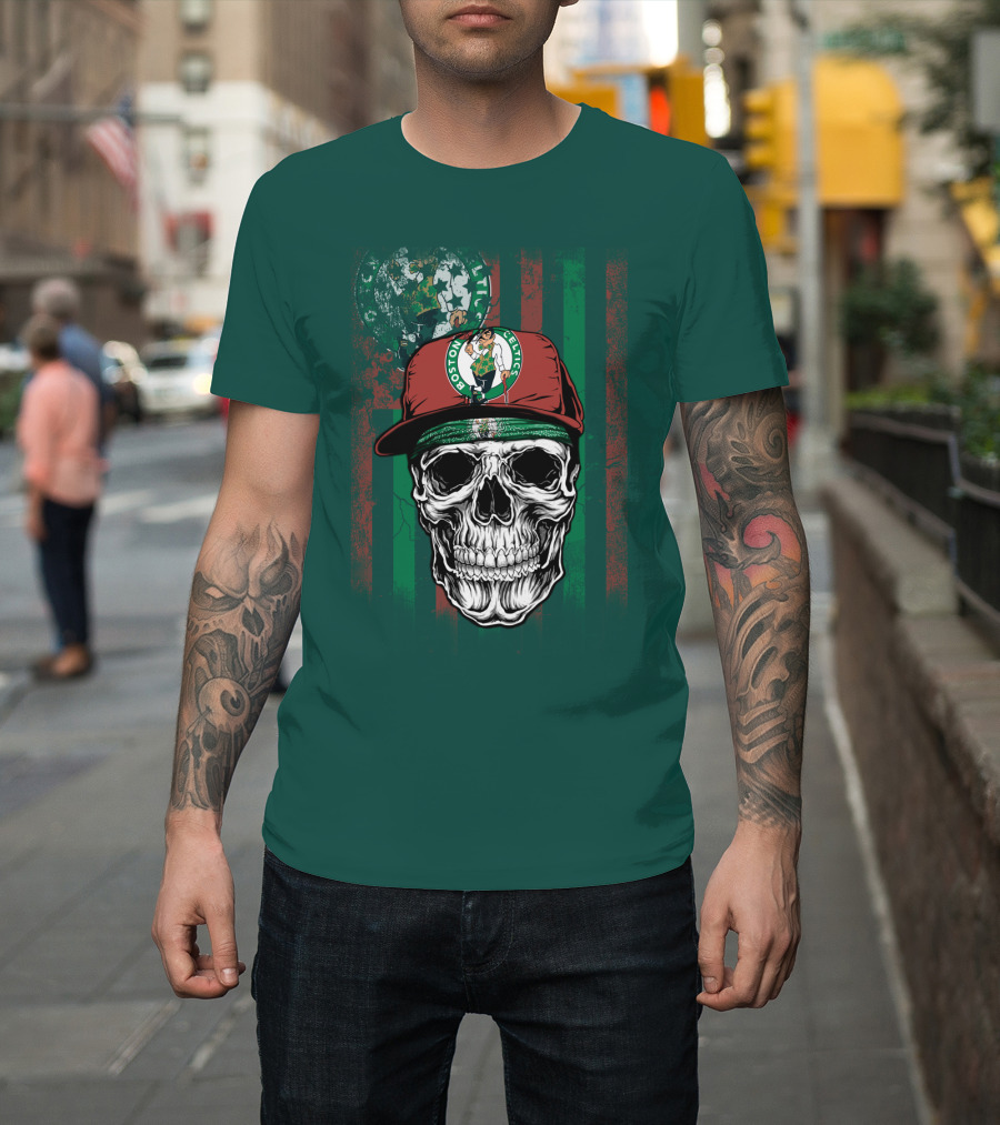 Boston Celtics Skull With Cap And Stripes T-Shirt