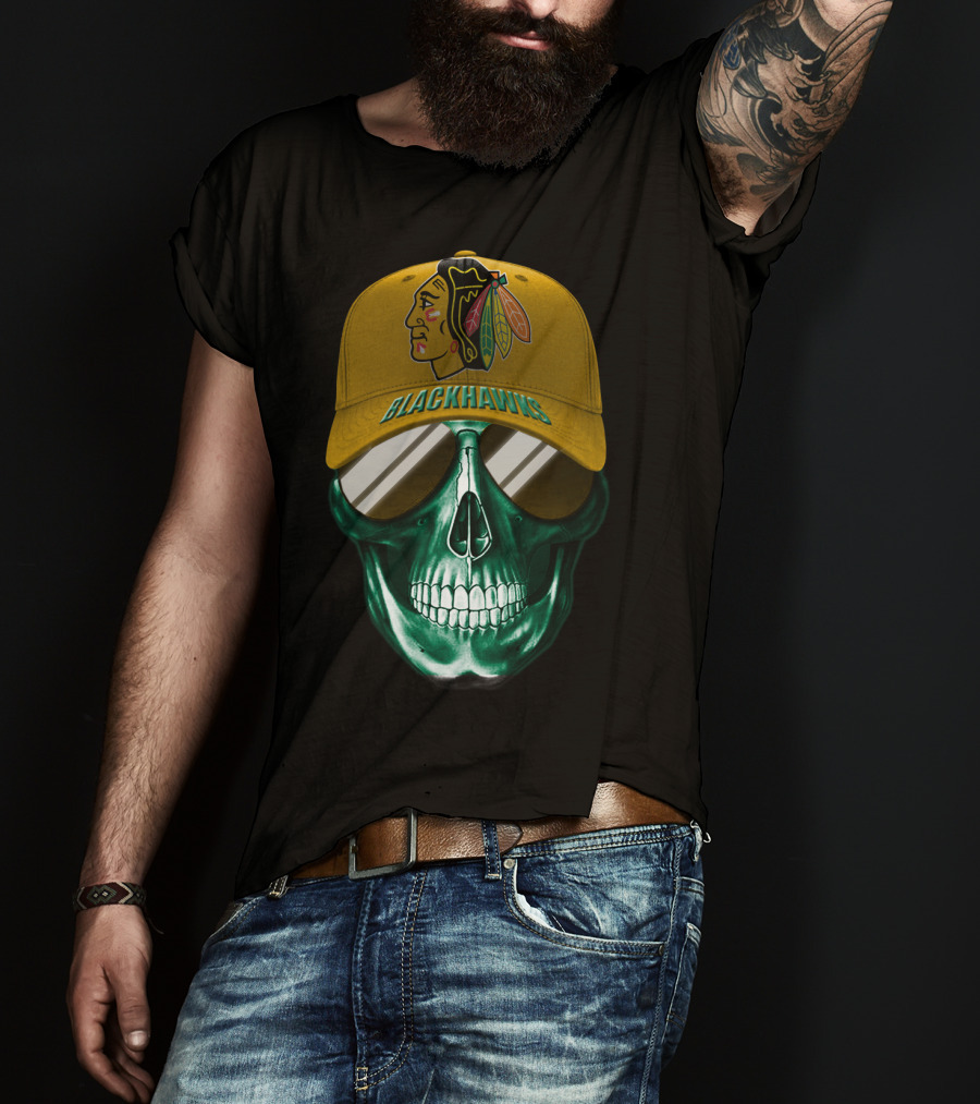 Chicago Blackhawks Skull With Iconic Logo And Cap T-Shirt
