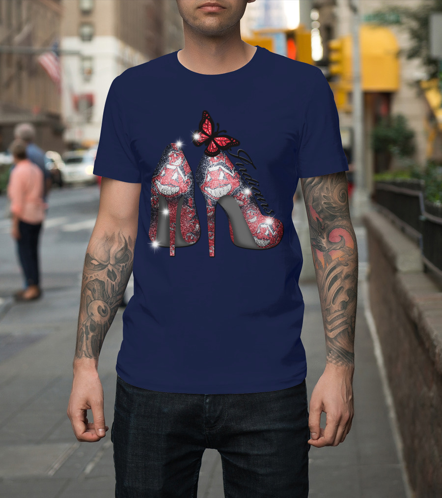 Cleveland Indians Heels With Butterfly And Baseball Motif T-Shirt