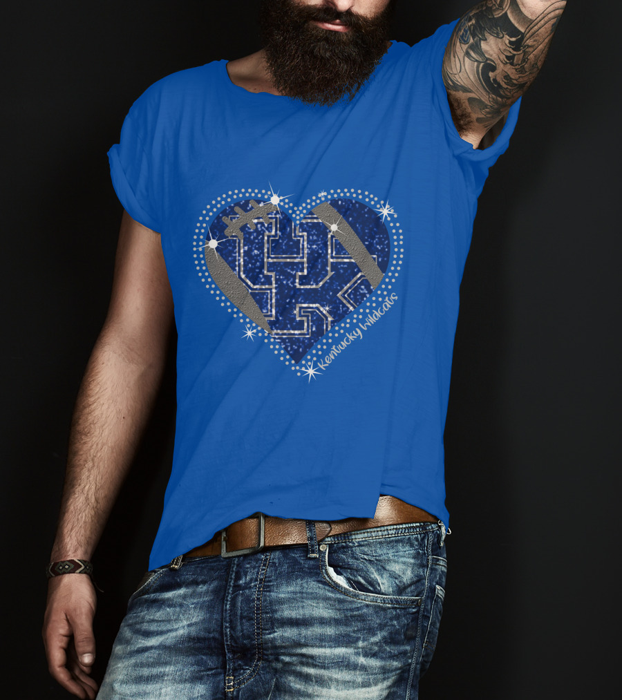 Kentucky Wildcats Heart Football Logo Sparkle Blue T-Shirt
