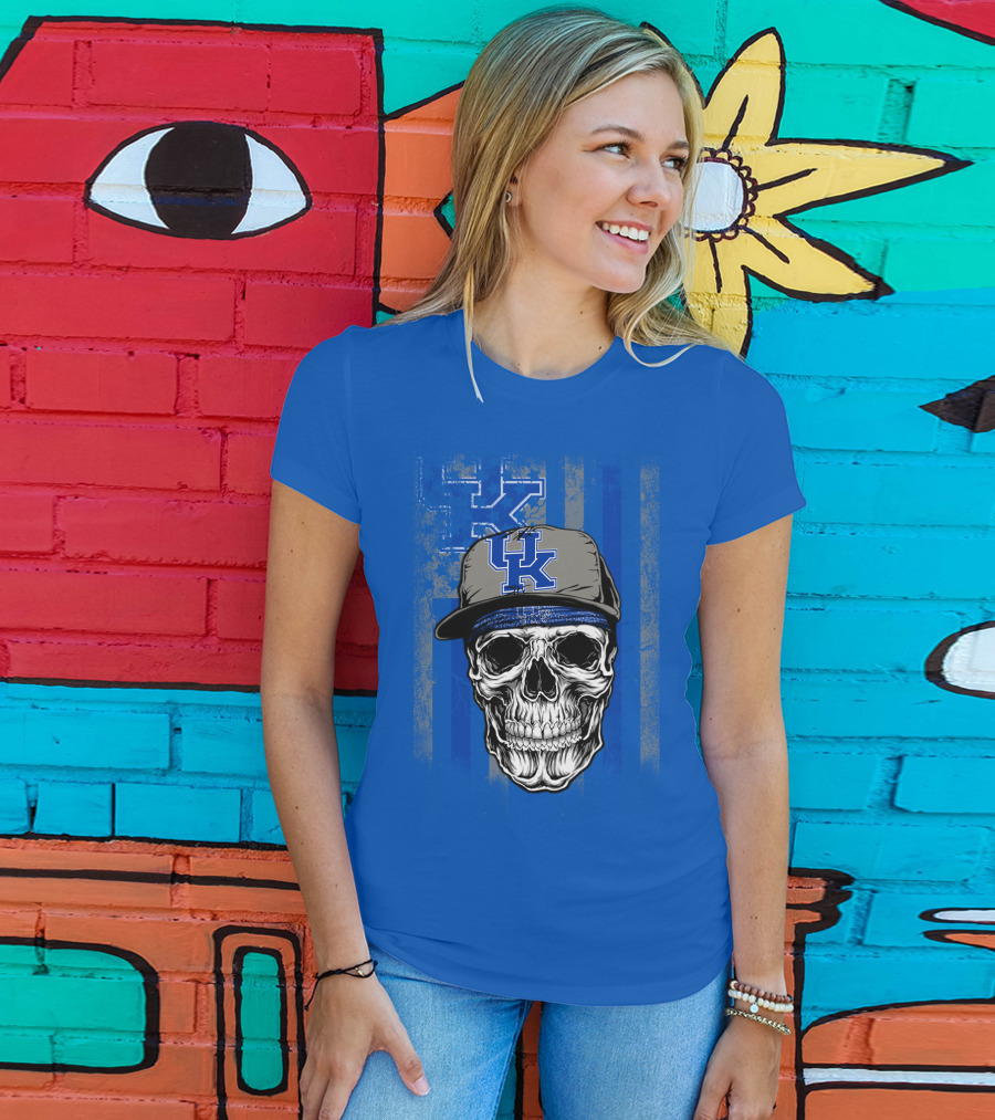Kentucky Wildcats Skull With Uk Logo Hat On Grunge Blue T-Shirt