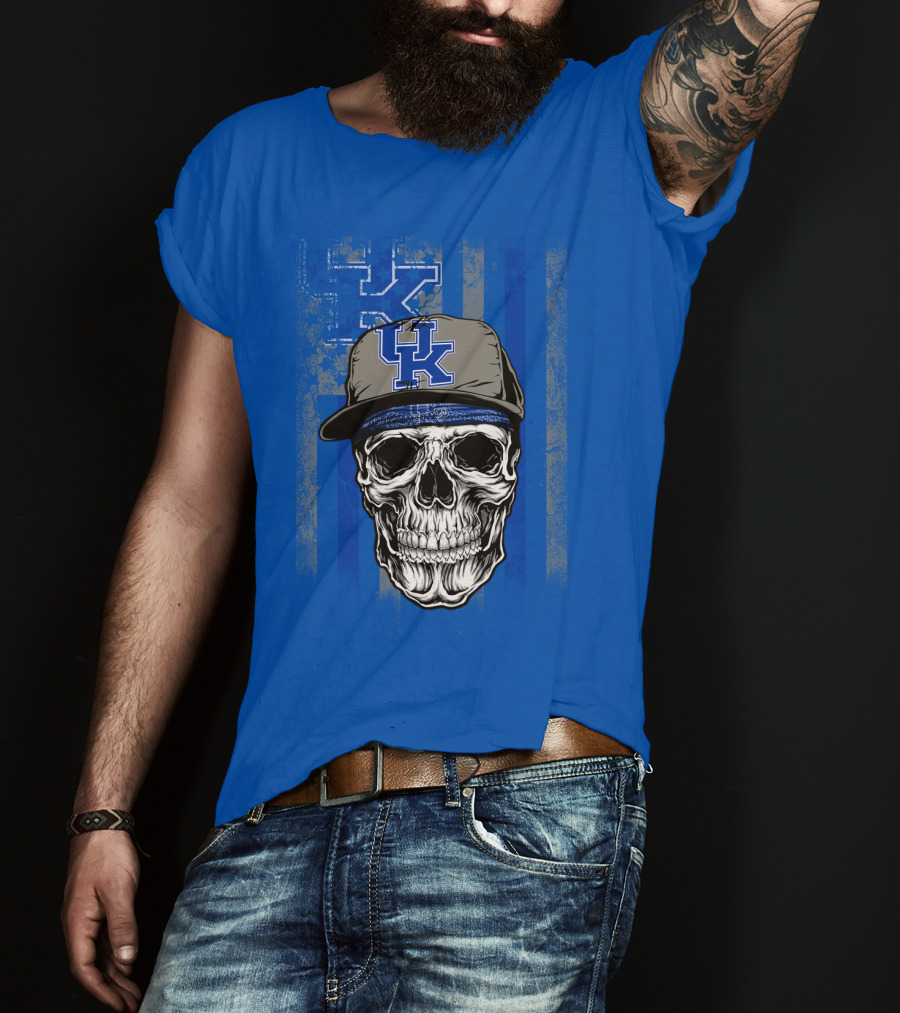 Kentucky Wildcats Skull With Uk Logo Hat On Grunge Blue T-Shirt