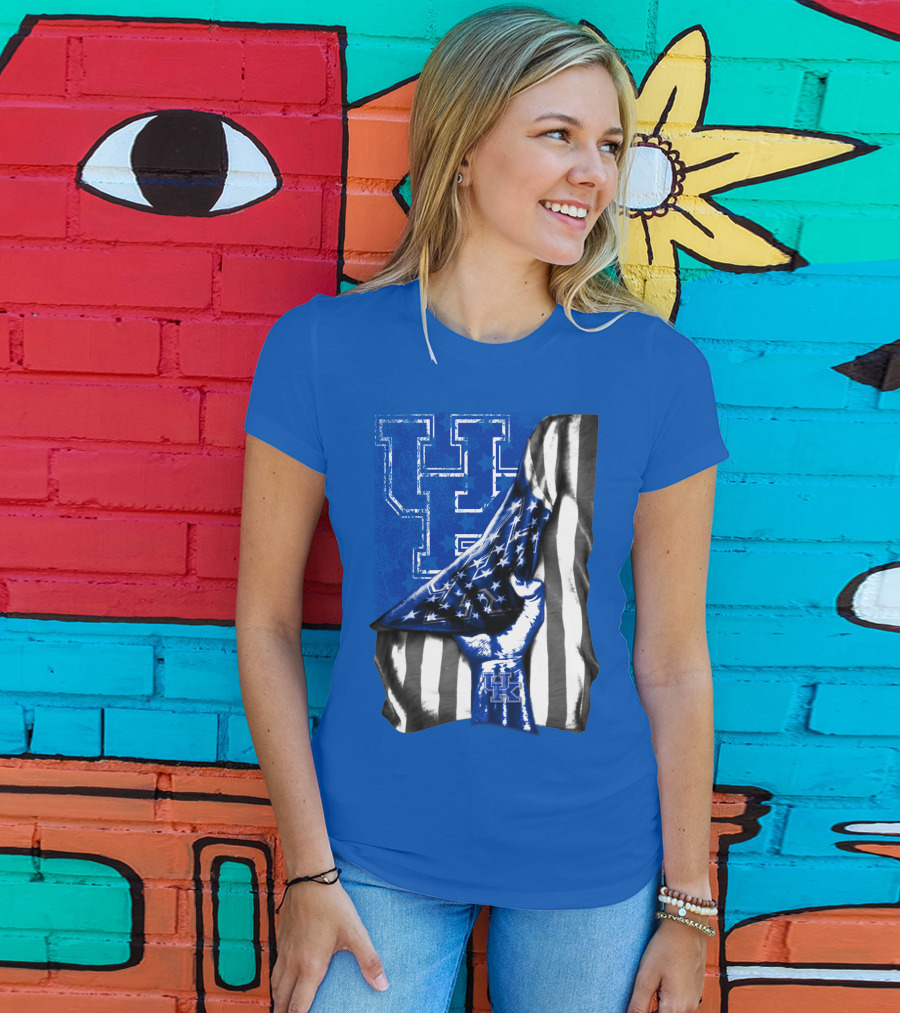 Kentucky Wildcats U.s. Flag Blue And White Logo Fusion T-Shirt