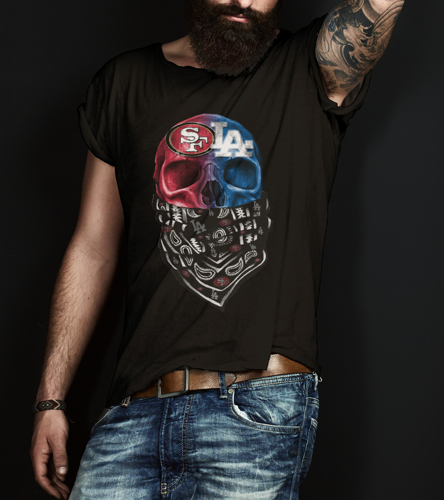 Sf 49ers La Dodgers Split Skull Bandana T-Shirt