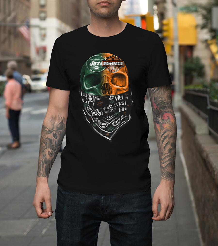 New York Jets Harley Davidson Green Orange Skull Bandana T-Shirt