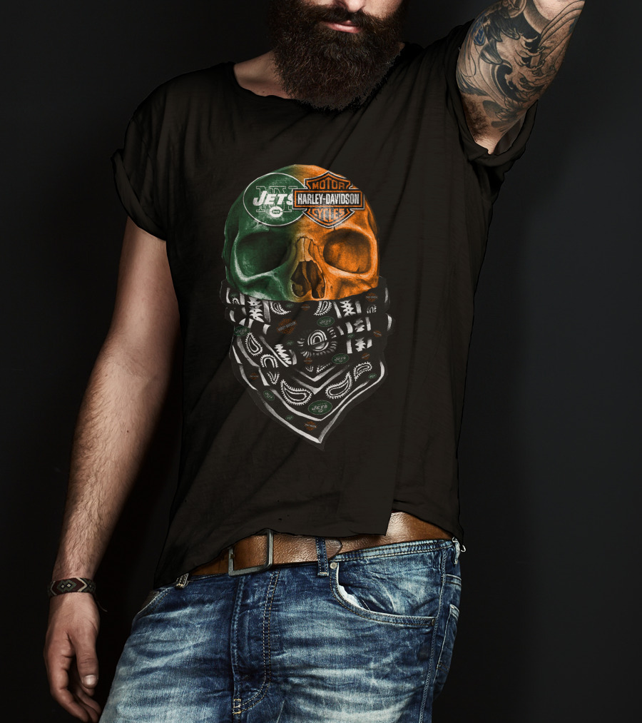 New York Jets Harley Davidson Green Orange Skull Bandana T-Shirt