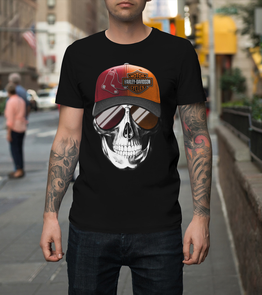 Harley Davidson Red Sox Skull Hat T-Shirt
