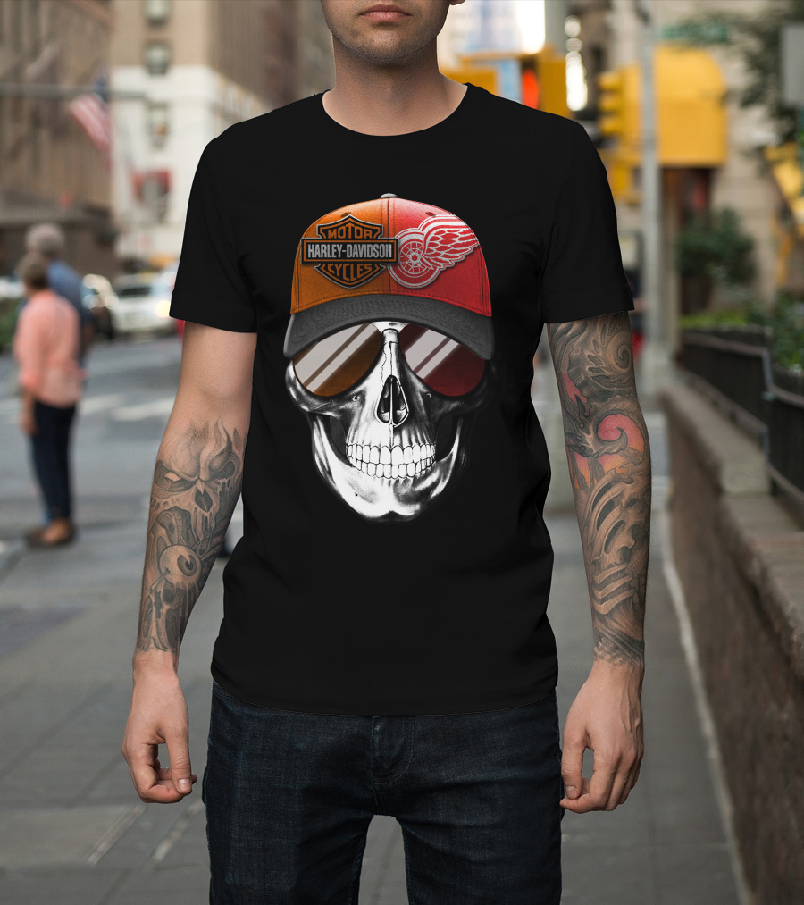 Harley Davidson Motor Cycles Red Wings Skull Cap T-Shirt