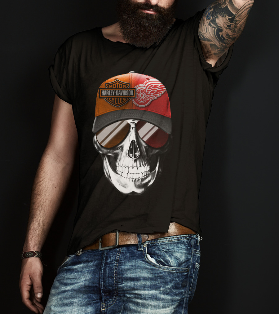 Harley Davidson Motor Cycles Red Wings Skull Cap T-Shirt