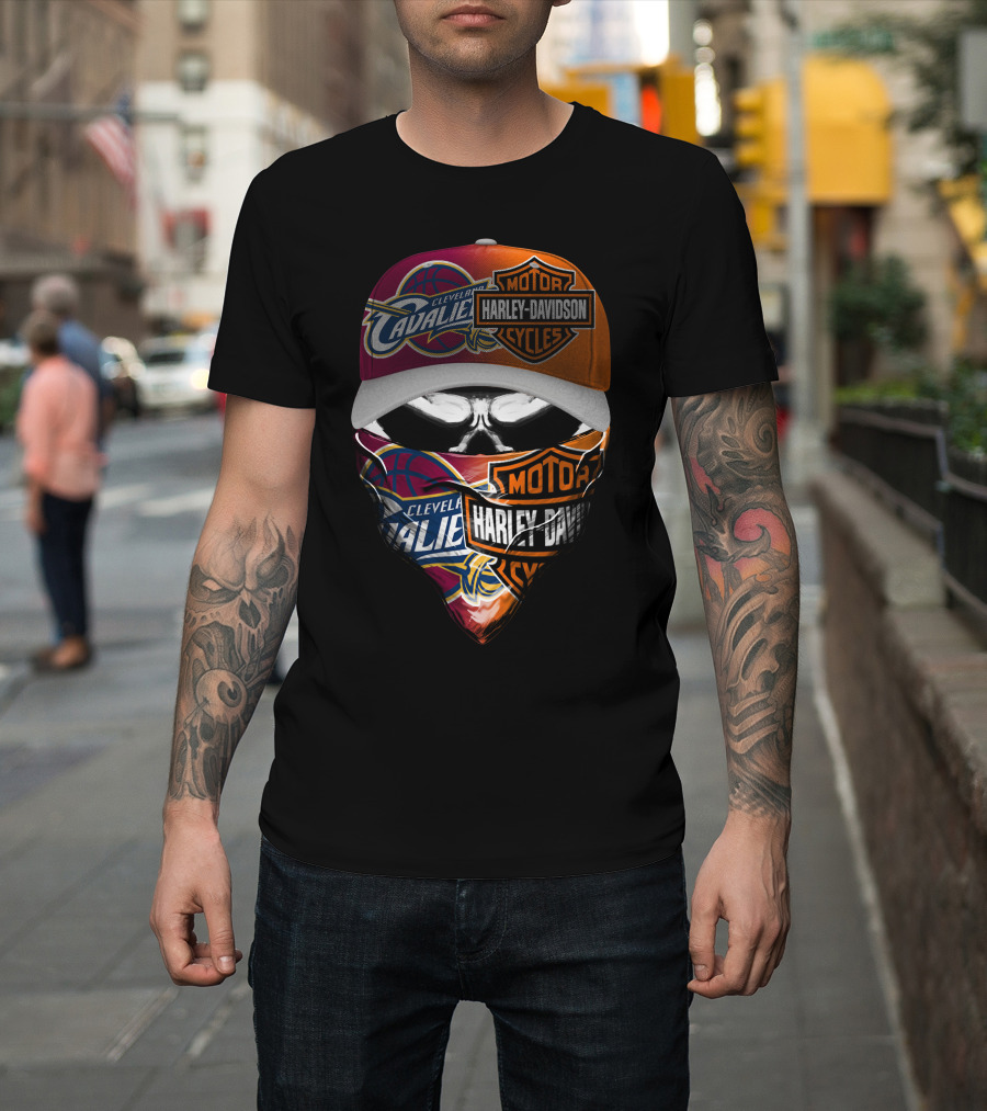 Cleveland Cavaliers Harley Davidson Cyclist Skull Face Mask And Cap T-Shirt