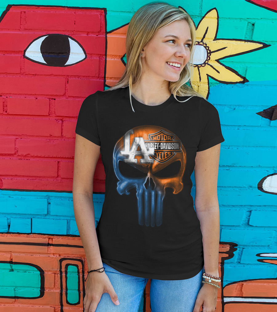 Los Angeles Dodgers Harley Davidson Biker Skull T-Shirt