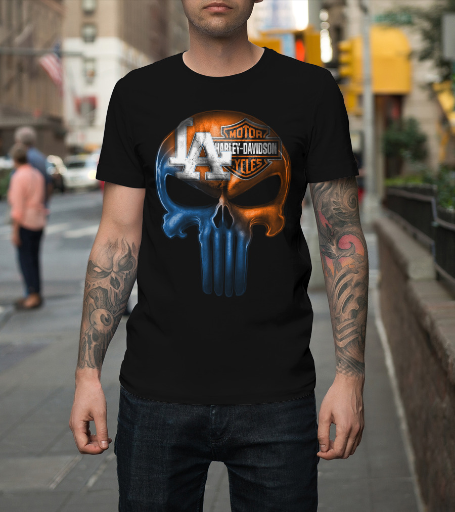 Los Angeles Dodgers Harley Davidson Biker Skull T-Shirt