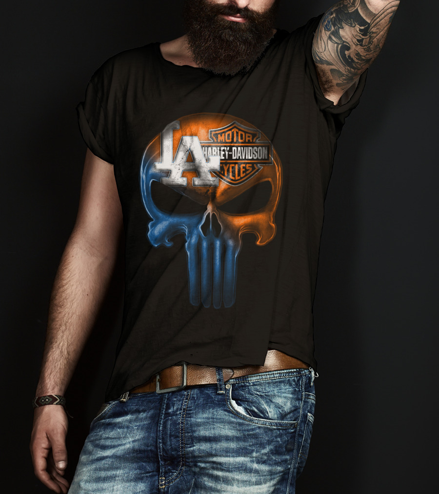 Los Angeles Dodgers Harley Davidson Biker Skull T-Shirt