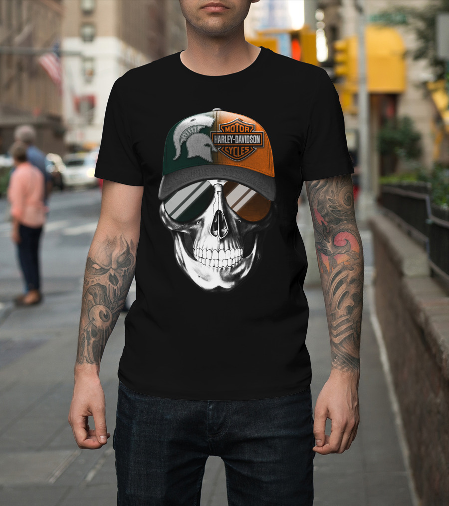 Skull With Michigan State Spartan And Harley Davidson Motorcycles Cap T-Shirt