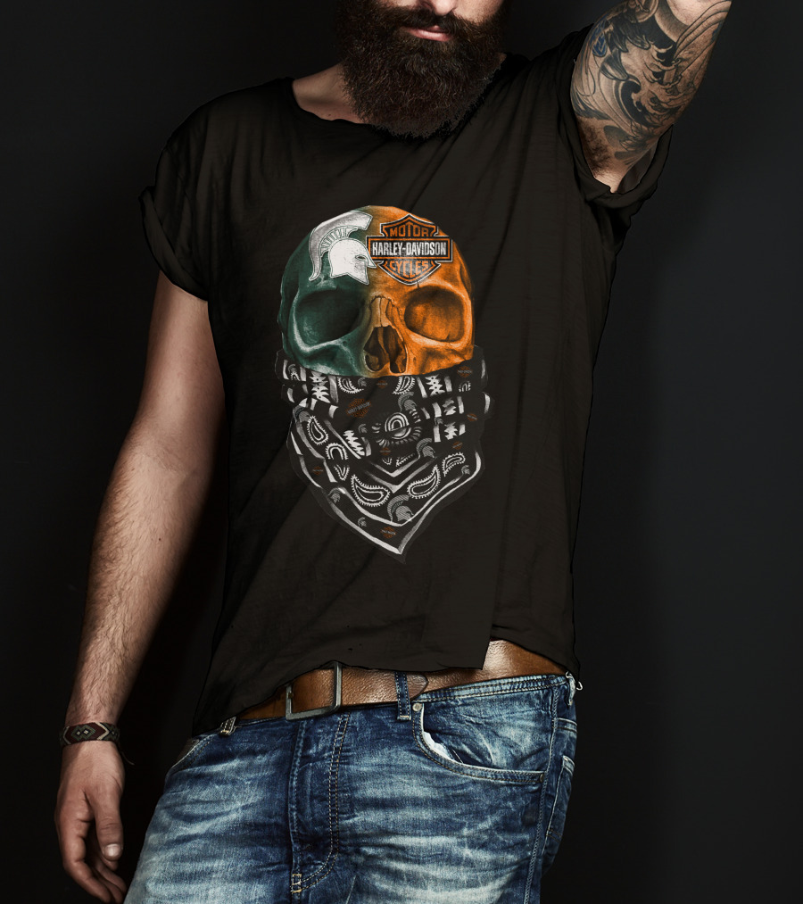 Harley Davidson Skull With Michigan State Spartans Bandana T-Shirt