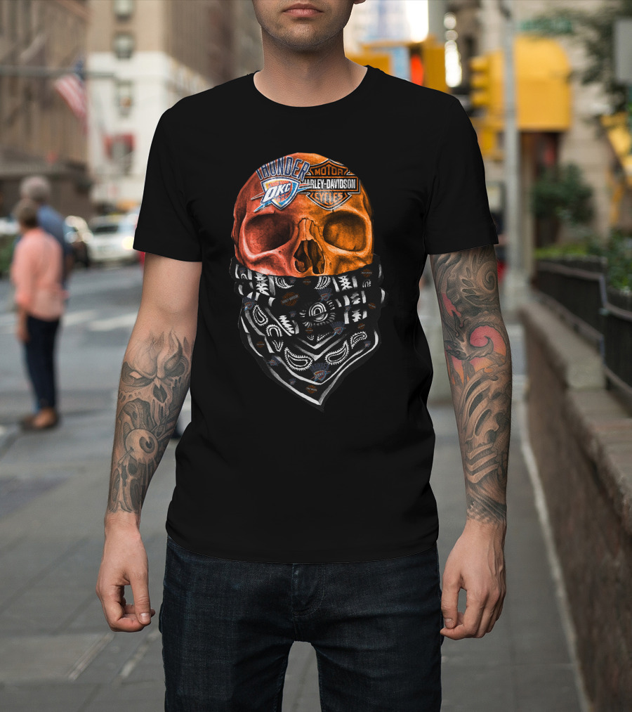 Oklahoma City Thunder Harley Davidson Skull With Bandana T-Shirt