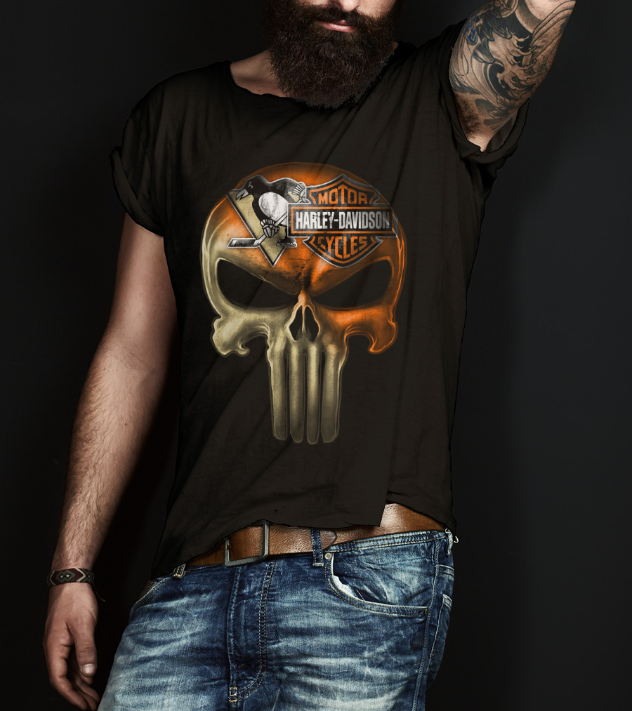 Penguins Harley Davidson Punisher Skull T-Shirt