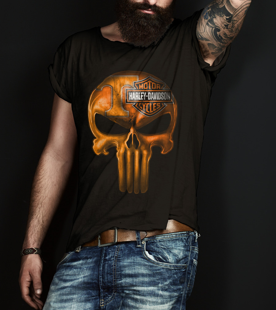 Orange T Skull Harley Davidson Motor Cycles T-Shirt