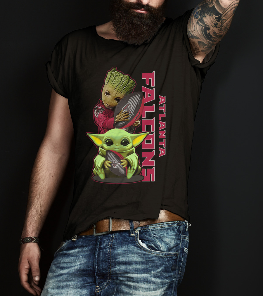 Grzd Atlanta Falcons Baby Groot Yoda Holding Football T-Shirt