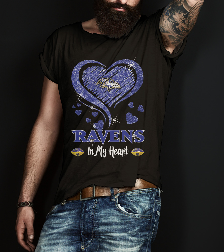 Ravens In My Heart Baltimore Ravens Heart Logo With Sparkling Effect T-Shirt